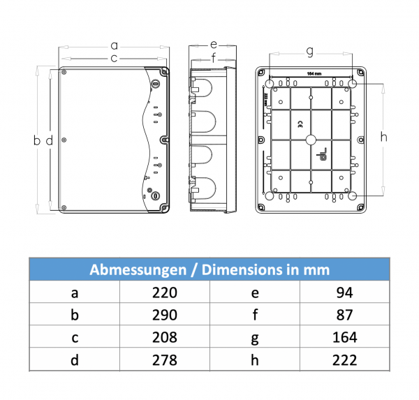 Installationsgehäuse IP67 (210x280x90mm) + Hutschiene und Sichtdeckel